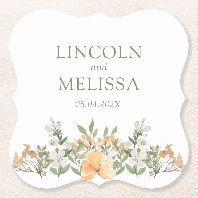 Porta-copo De Papel Bonito Peach e Casamento Floral Branco (Frente)