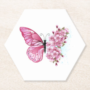 Porta-copo De Papel Borboleta Flor com Sakura Rosa