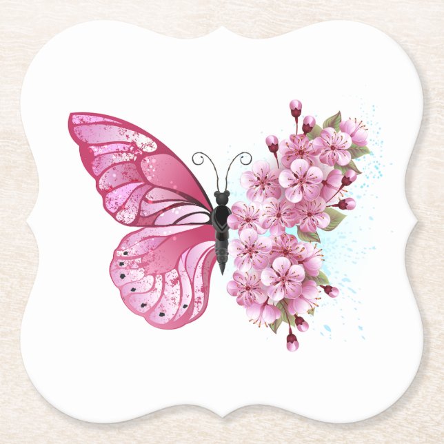 Porta-copo De Papel Borboleta Flor com Sakura Rosa (Frente)