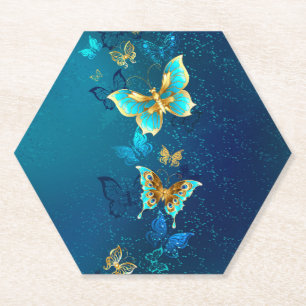 Porta-copo De Papel Borboletas de ouro em um fundo azul