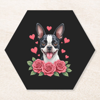 Porta-copo De Papel Boston Terrier with Red Roses Hearts Valentine�s D