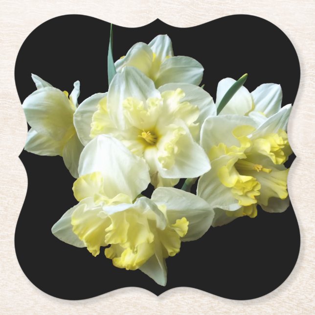 Porta-copo De Papel Buquê Branco Amarelo de Narcisos em Preto Chic (Frente)