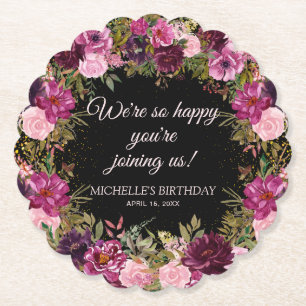 Porta-copo De Papel Burgundy Rosa Floral Brilho Preto Aniversário
