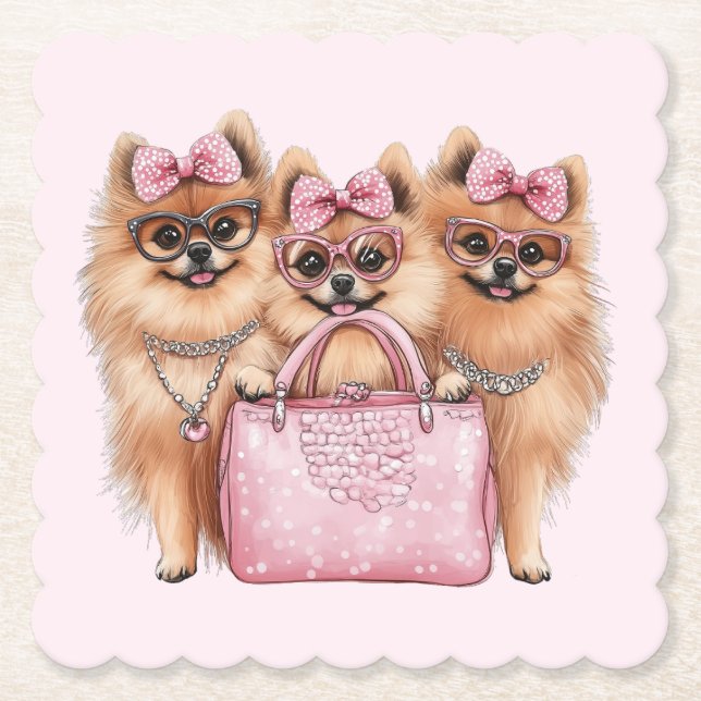 Porta-copo De Papel Cães Pomeranianos Fashionáveis, Bolsa Rosa (Frente)