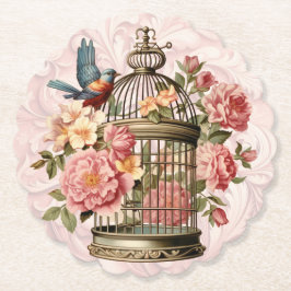 Porta-copo De Papel Cage de Pássaros Floral Romântico Vintage em Aquar