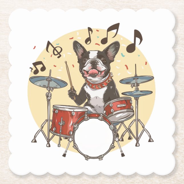 Porta-copo De Papel Cão Boston Terrier Tocando Tambores (Frente)