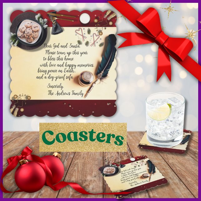 Porta-copo De Papel Caro Deus e Papais noeis Notem Caneta Vermelha de  (Protect furniture and bring smiles too with our funny family Christmas wish coasters.)