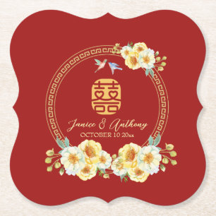Porta-copo De Papel Casamento chinês de pássaro floral vermelho
