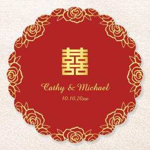 Porta-copo De Papel Casamento chinês floral rosa papel cortado vermelh
