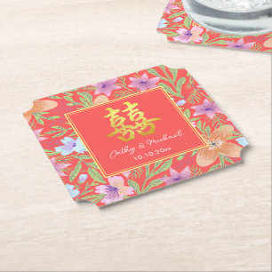 Porta-copo De Papel Casamento chinês xi duplo floral Peranakan Vermelh