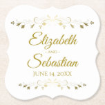 Porta-copo De Papel Casamento clássico simples elegante filigrana<br><div class="desc">Estas portas copos bonitas farão seu recepção de casamento ou jantar de ensaio verdadeiramente especial. Projetado como uma parte de nossa série elegante do casamento da folha Dourado, caracterizam um simples contudo o design elegante com texto do ouro em um fundo branco com o falso de um ouro foil a...</div>