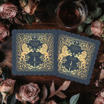 Porta-copo De Papel Casamento com Espadas da Lion Real Azul Medieval<br><div class="desc">Adicione charme real à sua capa de sopa! Estas portas copos de casamento personalizadas apresentam um leão majestoso e design floral com seus nomes e monograma, tudo em ouro luxuoso contra fundo azul. Perfeito para uma celebração de fantasia medieval com elegância eterno! O ouro apresentado nesta rubrica NÃO é folha...</div>