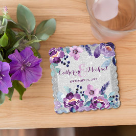 Porta-copo De Papel Casamento com Floral em Aquarela Roxa e Brilho Pra