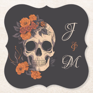 Porta-copo De Papel Casamento de Crânio Monograma Floral Laranja Elega