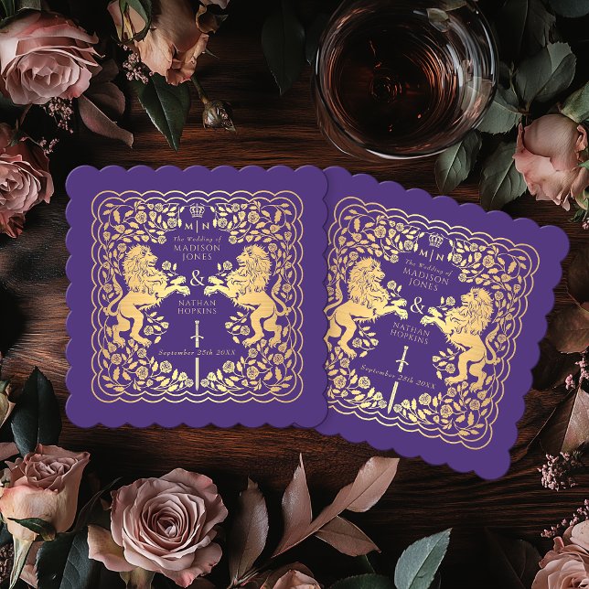 Porta-copo De Papel Casamento de Espadas Medieval do Leão Real Roxo (Criador carregado)