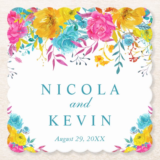 Porta-copo De Papel Casamento de Flores de Verão com Aquarela Boho (Frente)