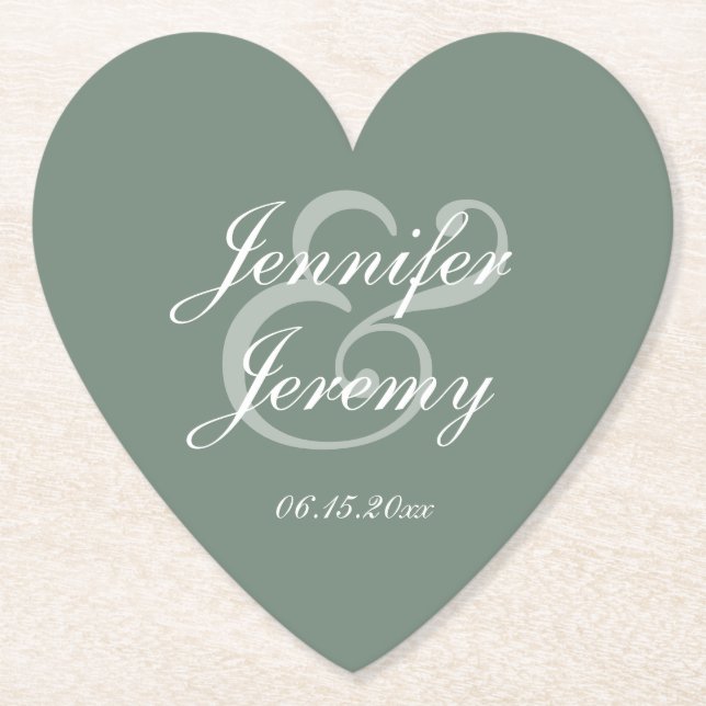 Porta-copo De Papel Casamento de Script Branco Elegante Verde do Sage  (Frente)