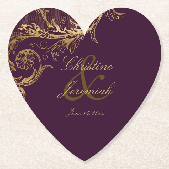 Porta-copo De Papel Casamento de Script Dourado Floral de Damasco com  (Frente)