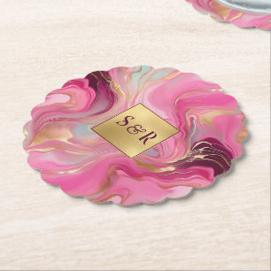 Porta-copo De Papel Casamento Dourado e rosa marmoreado Monograma Faux