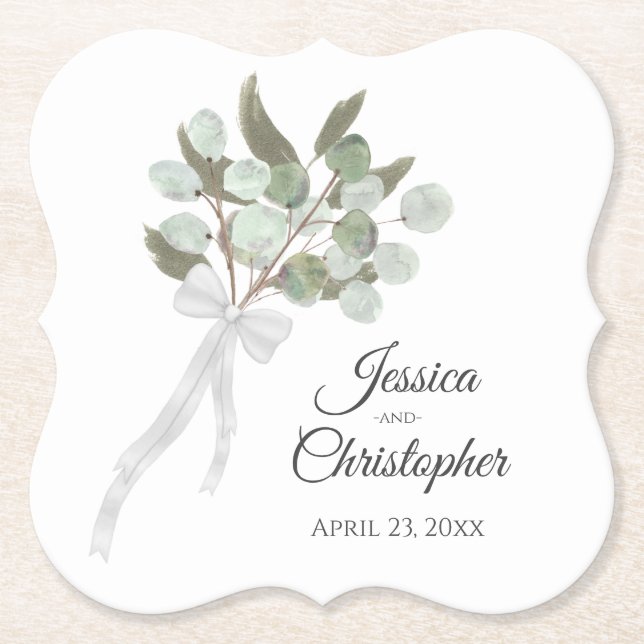 Porta-copo De Papel Casamento Elegante Eucalyptus Buquê Boho Watercolo (Frente)