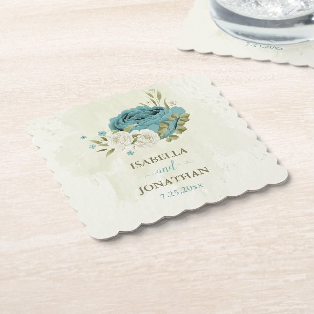 Porta-copo De Papel casamento verde com flores brancas azuis (Angular)