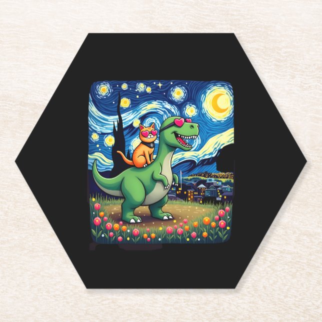Porta-copo De Papel Cat Riding Dinosaur T-Rex Starry Night Cat Lover ( (Frente)
