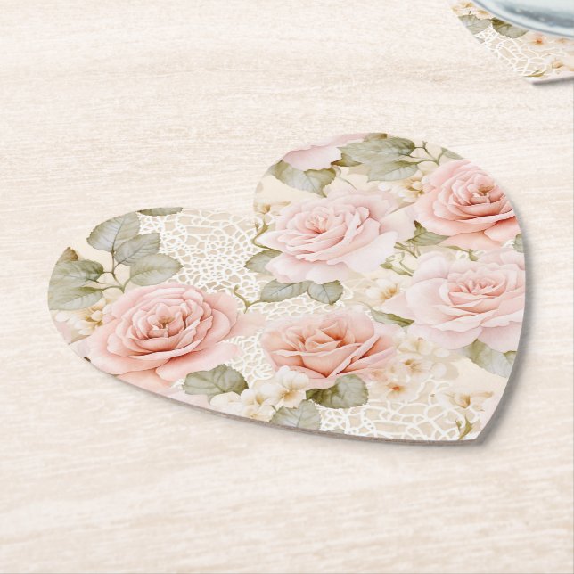Porta-copo De Papel Chá de Bebê Floral Rosas Rosa Bege Creme (Angular)