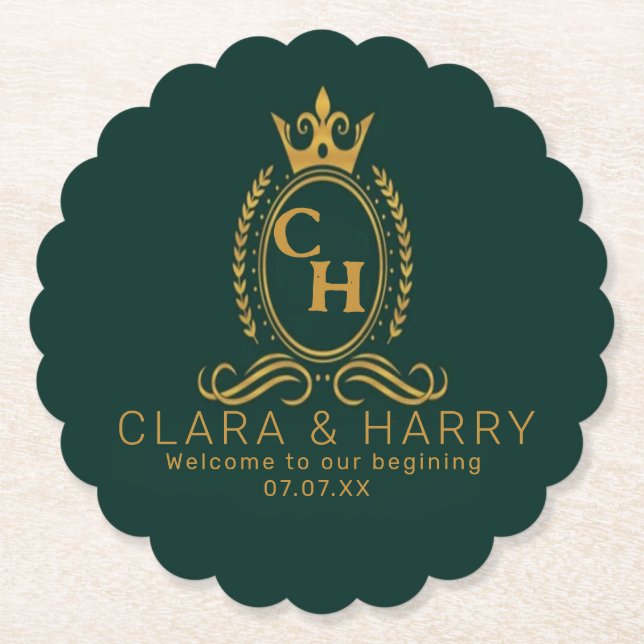 Porta-copo De Papel Champagne gold minimal  lettering green weeding (Frente)