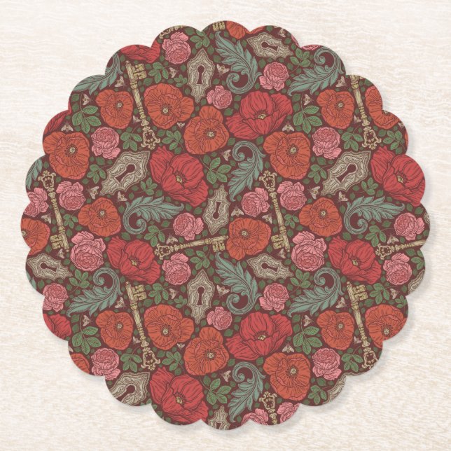Porta-copo De Papel Chave Velha Steampunk Victoriana Vermelha Papoulas (Frente)