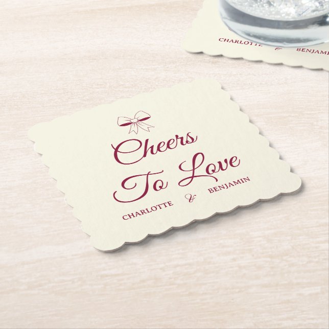 Porta-copo De Papel Cheers To Love Burgundy Script Ivory Bow Wedding (Angular)