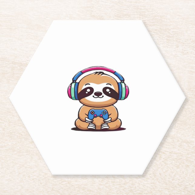 Porta-copo De Papel Chibi Kawaii Sloth Gamer - Cute Funny Animal com (Frente)