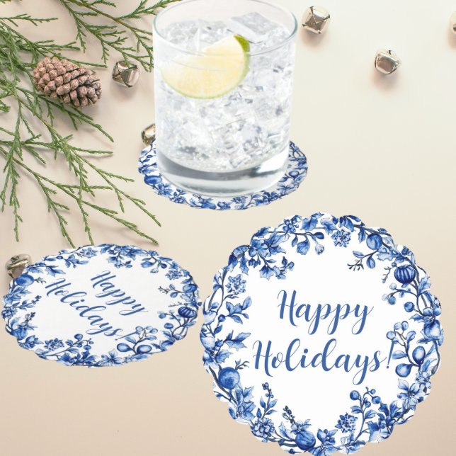 Porta-copo De Papel Chinoiserie Blue White Holly Leaf Personalized (Personalize these paper coaster for your party or as a hostess gift.)