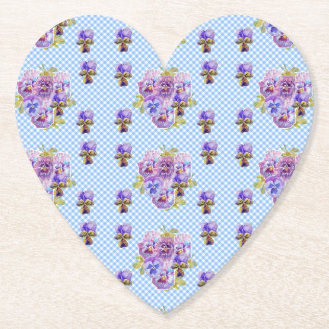 Porta-copo De Papel Chique Pansy Floral Blue Gingham Checks (Frente)
