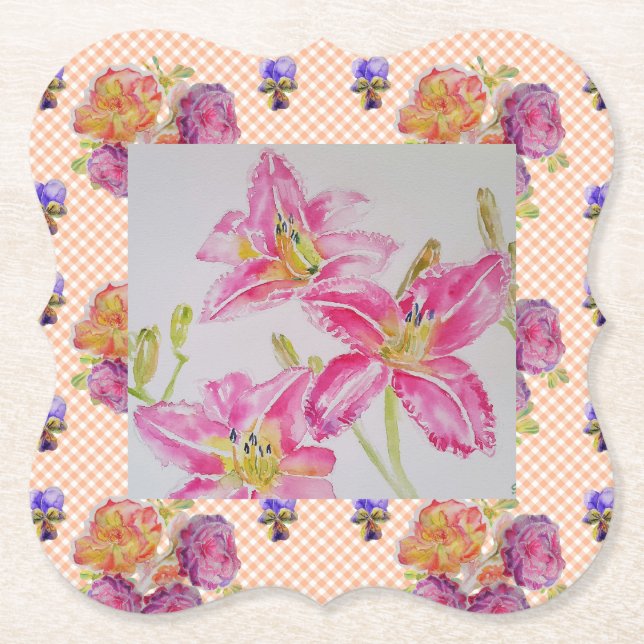 Porta-copo De Papel Chique rosa Lily Floral Flores Rosas Gingham (Frente)
