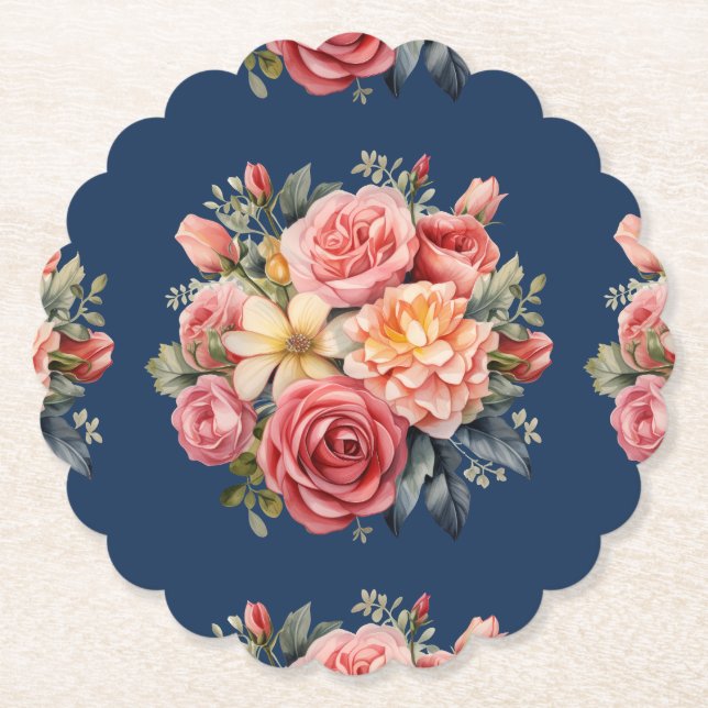 Porta-copo De Papel Classic Pink Roses Floral on a Blue Background (Frente)