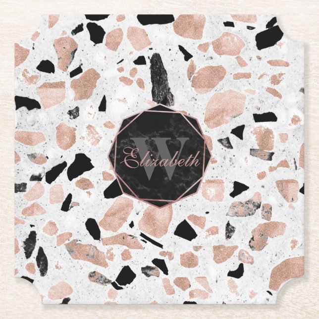 Porta-copo De Papel Clássico rosa dourado marble abstrato terrazzo (Frente)