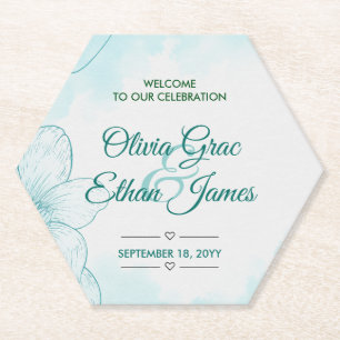 Porta-copo De Papel Convite de Casamento Floral em Aquarela Azul Elega
