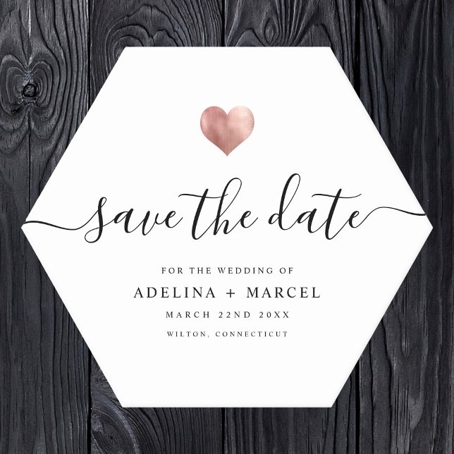 Porta-copo De Papel Coração Dourada Moderna Salve a Data (Hexagonal wedding save-the-date coaster on wood background. Elegant script reads "save the date" )