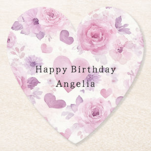 Porta-copo De Papel Corações Flores Roxas Rosa Aniversário