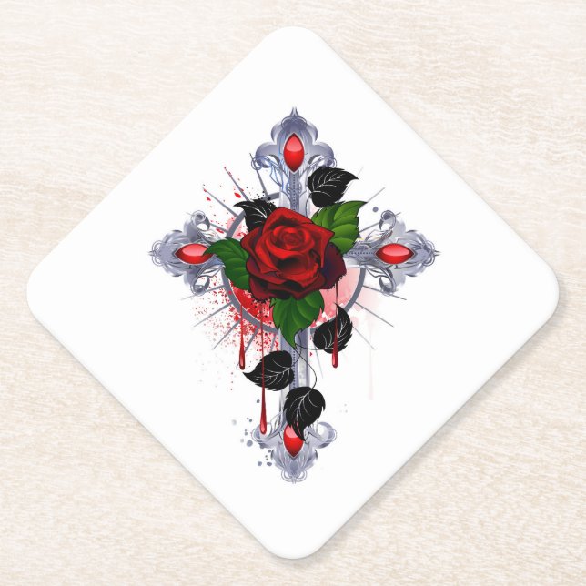 Porta-copo De Papel Cruz de Prata com Rosa vermelha (Frente)