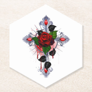 Porta-copo De Papel Cruz de Prata com Rosa vermelha
