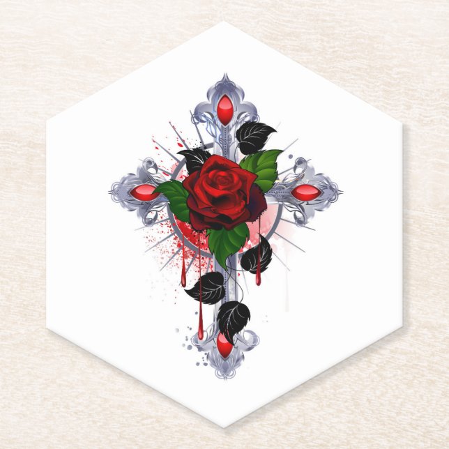 Porta-copo De Papel Cruz de Prata com Rosa vermelha (Frente)