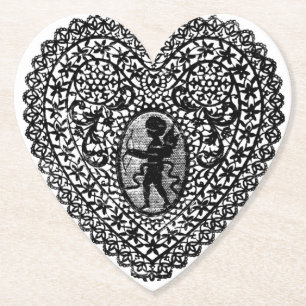 Porta-copo De Papel CUPIDO RENDADO CORAÇÃO PRETO BRANCO FLORAL Dia dos