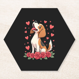 Porta-copo De Papel Cute Beagle with Red Roses Hearts Floral Valentine