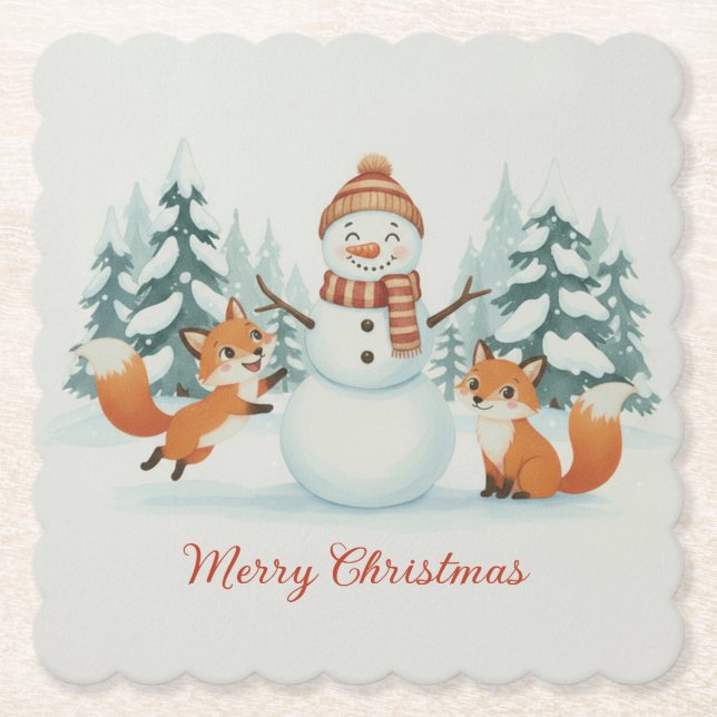 Porta-copo De Papel Cute Foxes and Snowman Merry Christmas (Frente)