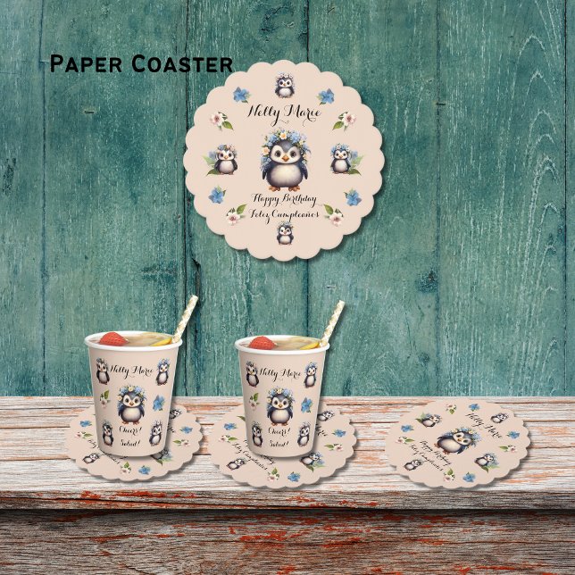 Porta-copo De Papel Cute Penguins Name Bilingual Feliz Cumpleaños (Cute Penguins paper coaster. Bilingual text, name and monogram, customizable. Multilingual Project.)