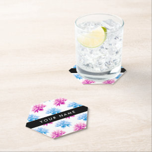 Porta-copo De Papel Dália Rosa e Azul, Padrão Floral, Seu Nome