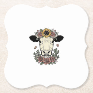 Porta-copo De Papel Desenho de gravura vintage de cabeça de vaca flora