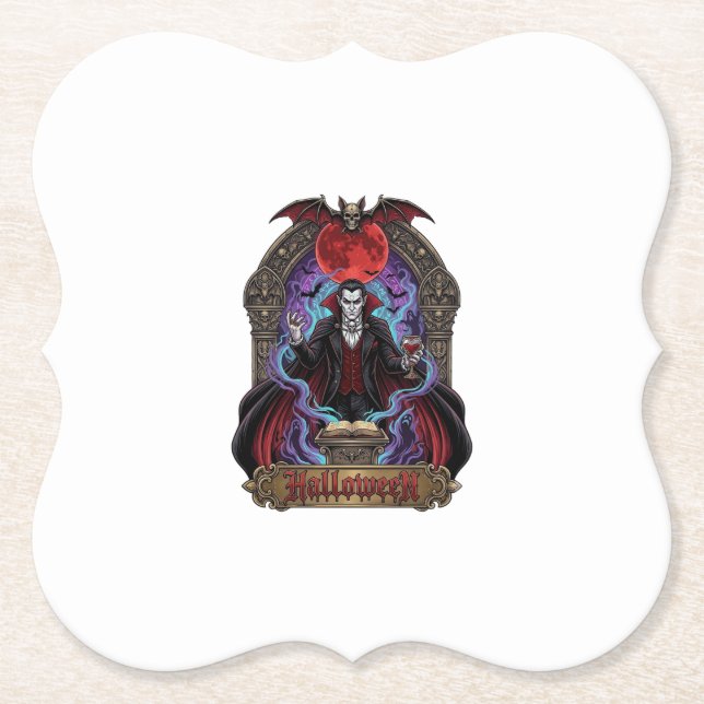 Porta-copo De Papel Drácula de Halloween Lua Vermelha Morcegos Caveira (Frente)