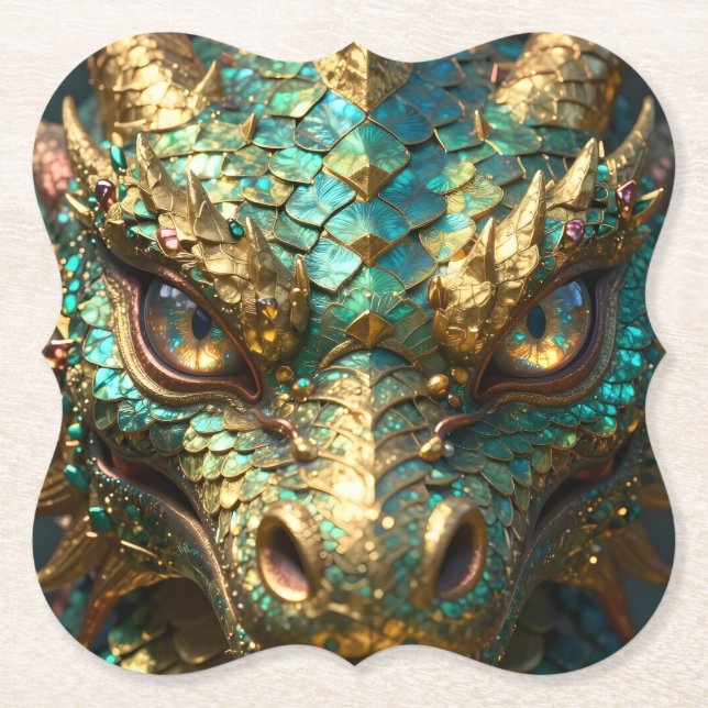 Porta-copo De Papel Dragão de Turquesa e Ouro de Face (Frente)